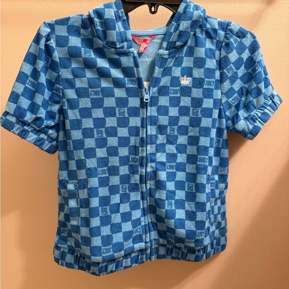 Juicy Couture Kids Blue Terry Checkered Hoodie 10-12 Medium. NWT
